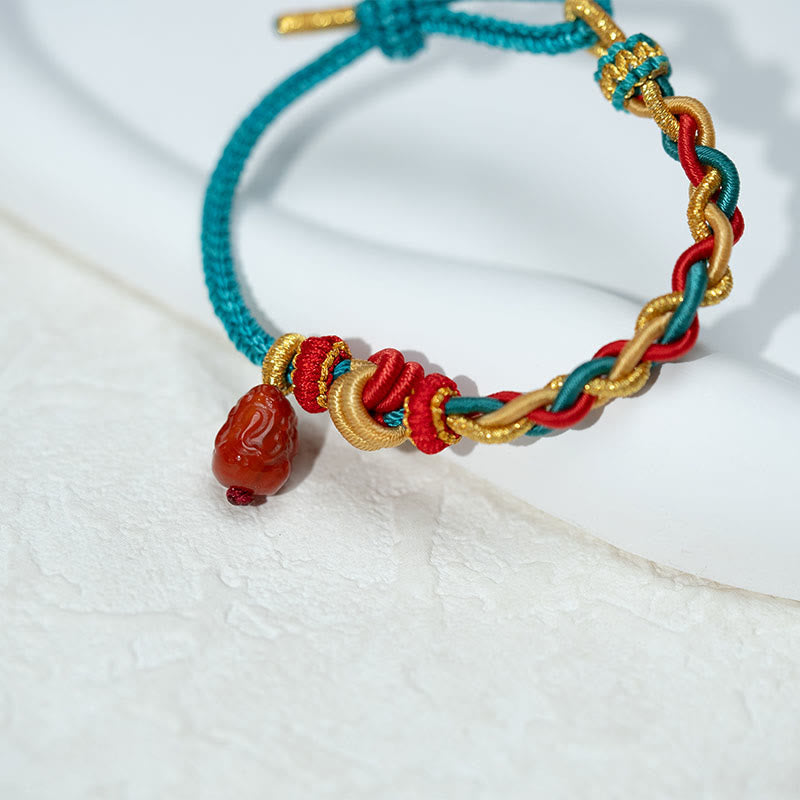Hand-Braided Red String Bracelet with Natural Red Agate Pixiu Four-Strand Rope