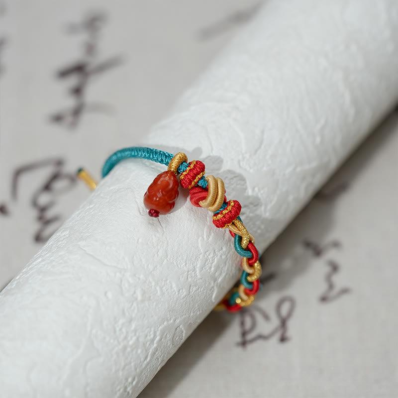 Hand-Braided Red String Bracelet with Natural Red Agate Pixiu Four-Strand Rope