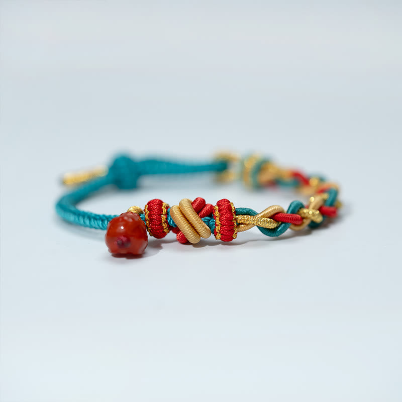 Hand-Braided Red String Bracelet with Natural Red Agate Pixiu Four-Strand Rope