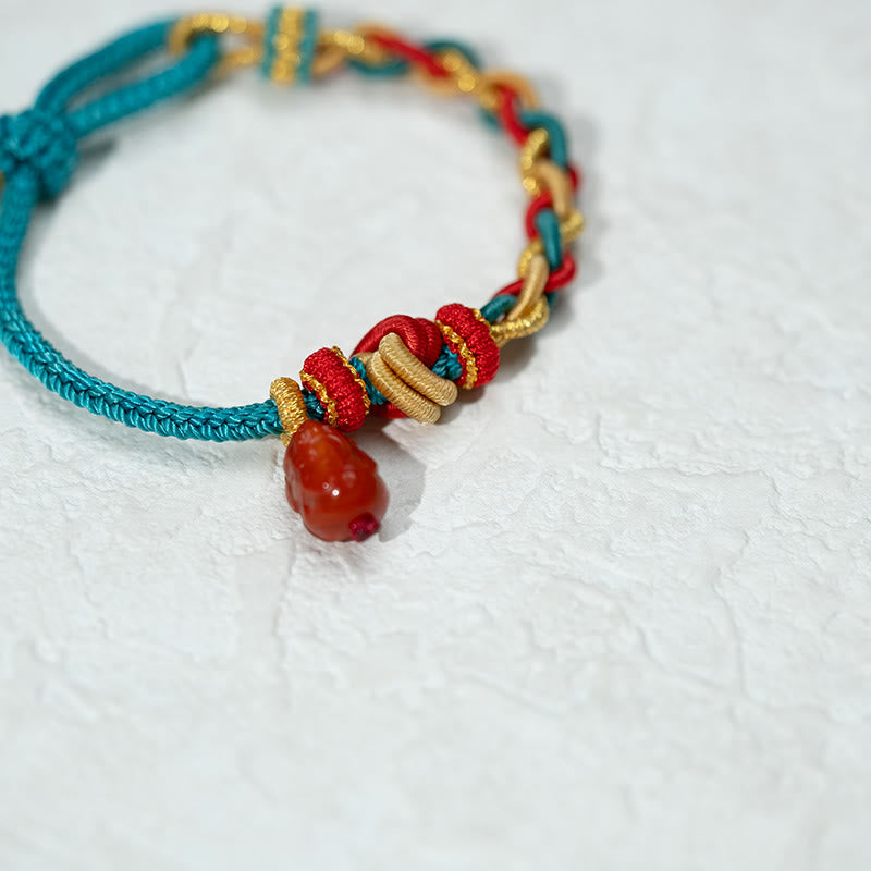 Hand-Braided Red String Bracelet with Natural Red Agate Pixiu Four-Strand Rope