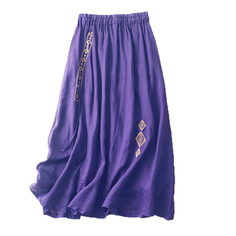 Ethnic Vintage Embroidery Button Design Women's Cotton Linen 7-8 Length Skirt