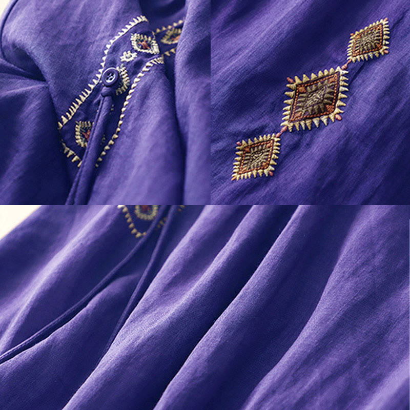 Ethnic Vintage Embroidery Button Design Women's Cotton Linen 7-8 Length Skirt