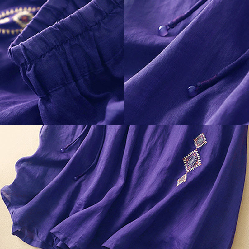 Ethnic Vintage Embroidery Button Design Women's Cotton Linen 7-8 Length Skirt
