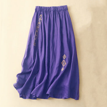 Ethnic Vintage Embroidery Button Design Women's Cotton Linen 7-8 Length Skirt