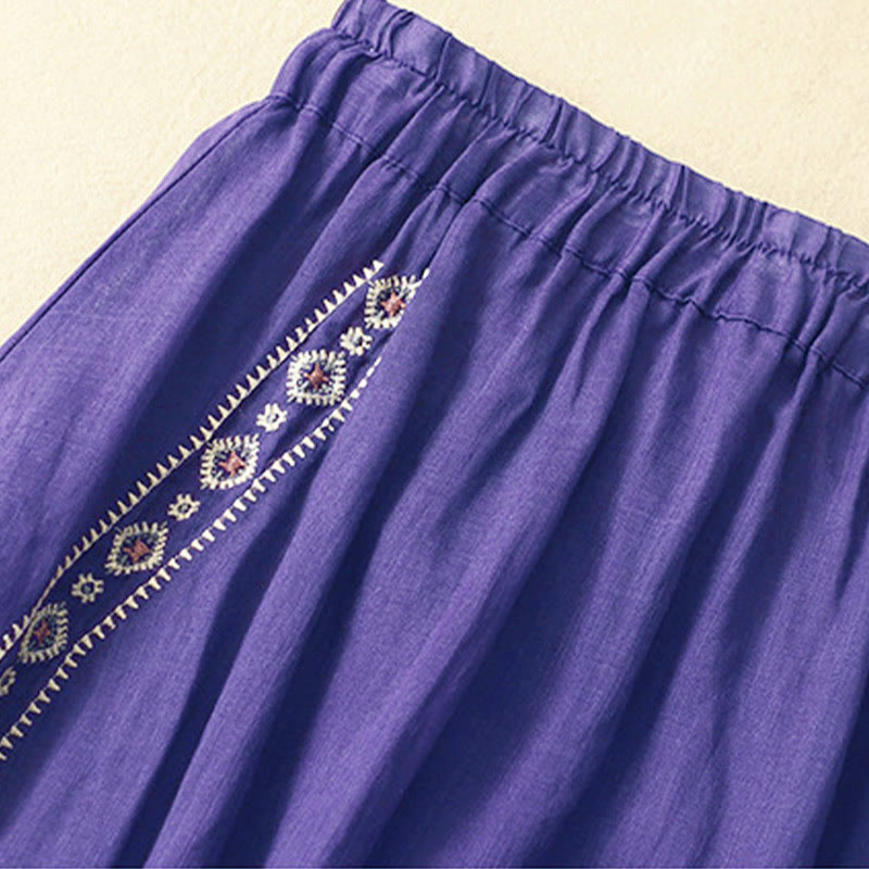 Ethnic Vintage Embroidery Button Design Women's Cotton Linen 7-8 Length Skirt
