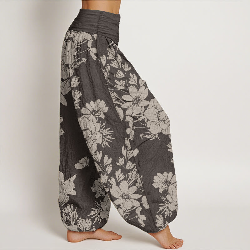 Pure Cotton Casual Peony Leaves Women's Elastic Waist Harem Pants
