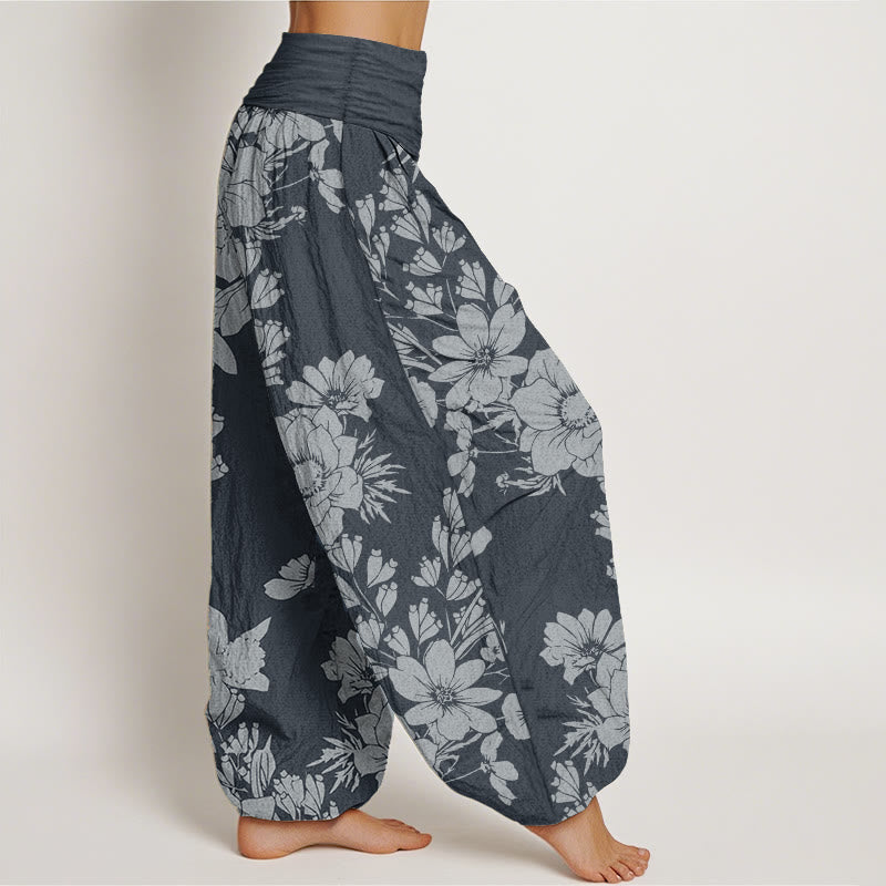 Pure Cotton Casual Peony Leaves Women's Elastic Waist Harem Pants