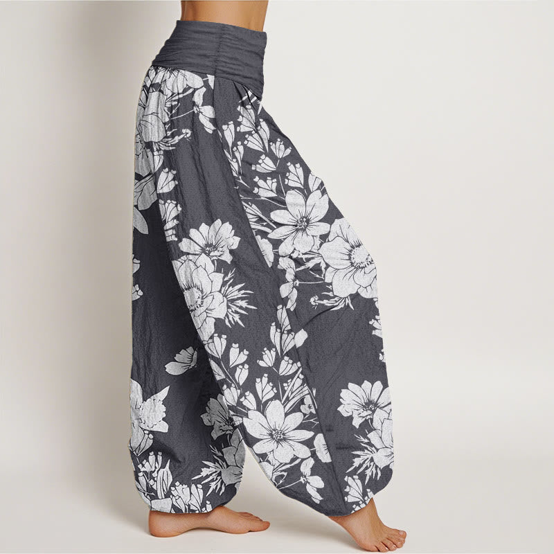 Pure Cotton Casual Peony Leaves Women's Elastic Waist Harem Pants