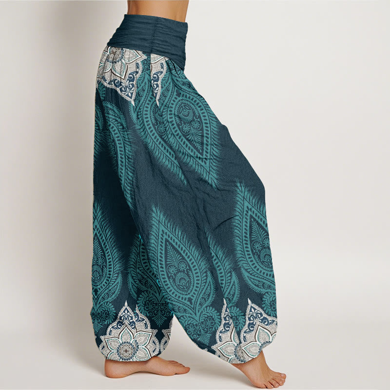 Pure Cotton Casual Feather Flower Design Women's Elastic Waist Harem Pants