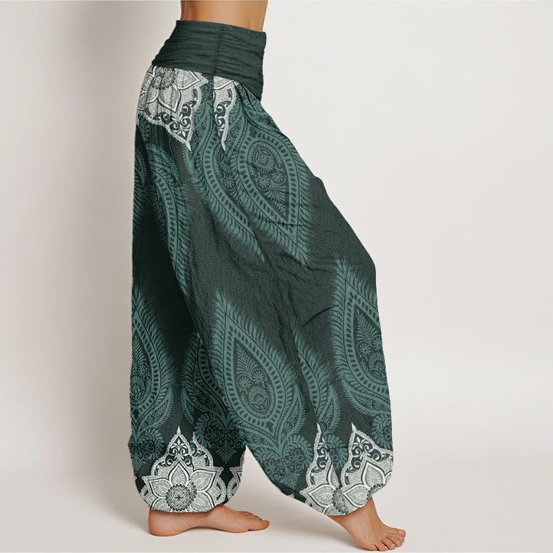 Pure Cotton Casual Feather Flower Design Women's Elastic Waist Harem Pants