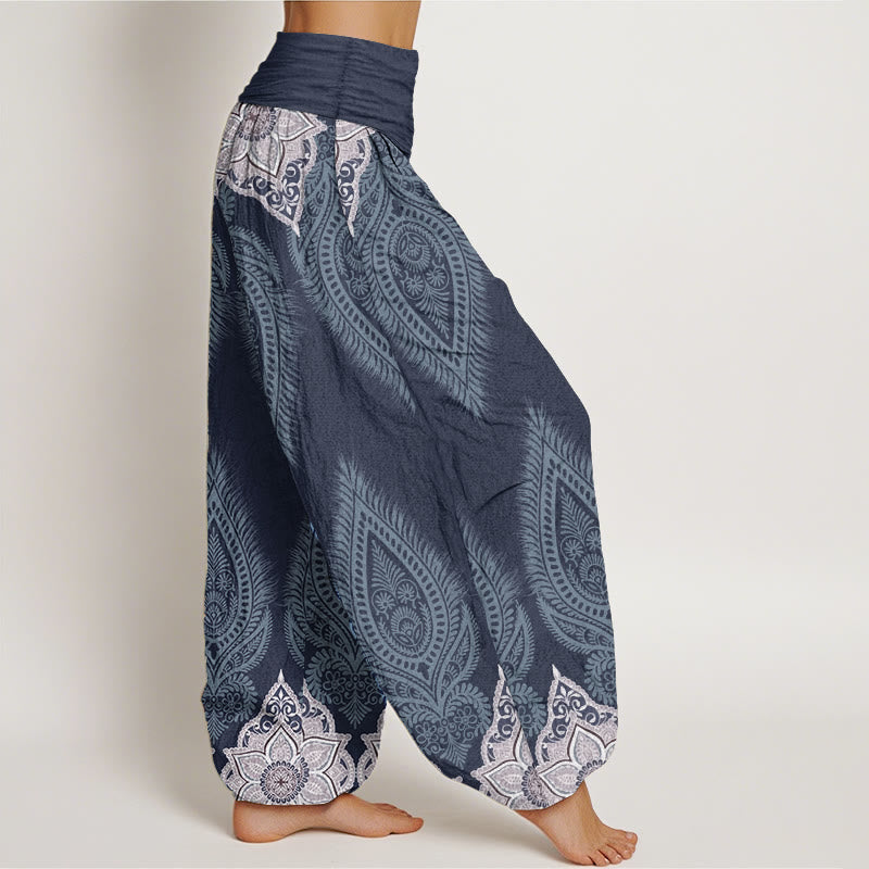 Pure Cotton Casual Feather Flower Design Women's Elastic Waist Harem Pants