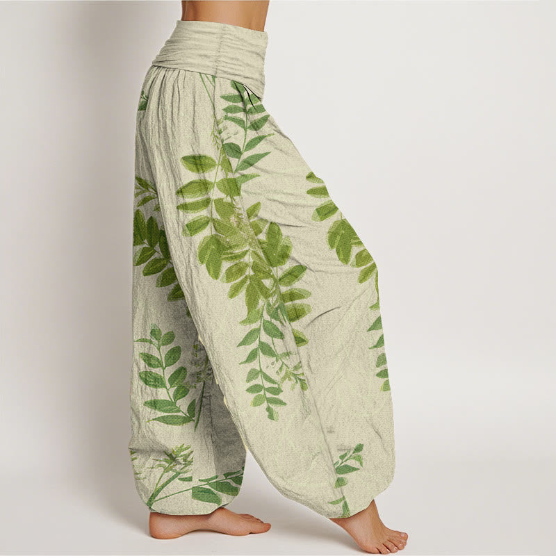 Pure Cotton Green Leaves Branches Women's Elastic Waist Harem Pants