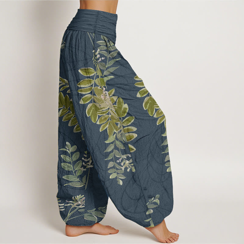 Pure Cotton Green Leaves Branches Women's Elastic Waist Harem Pants