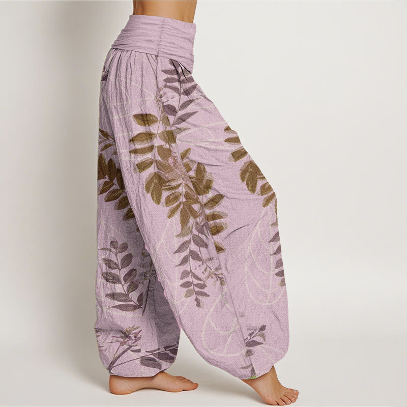 Pure Cotton Green Leaves Branches Women's Elastic Waist Harem Pants