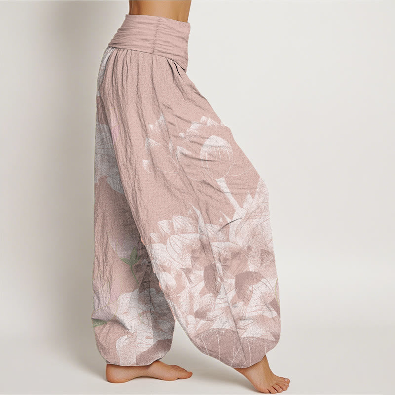 Pure Cotton Pink And White Lotus Women's Elastic Waist Harem Pants