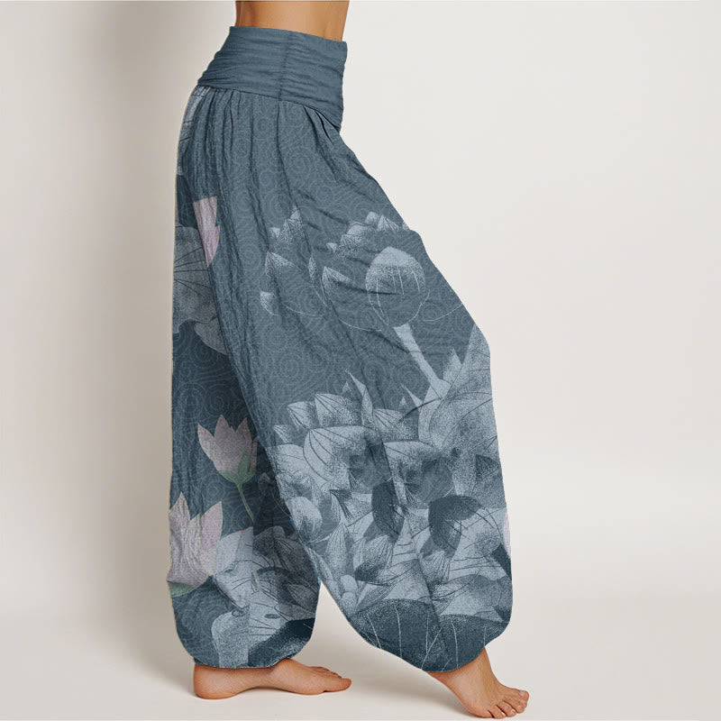Pure Cotton Pink And White Lotus Women's Elastic Waist Harem Pants