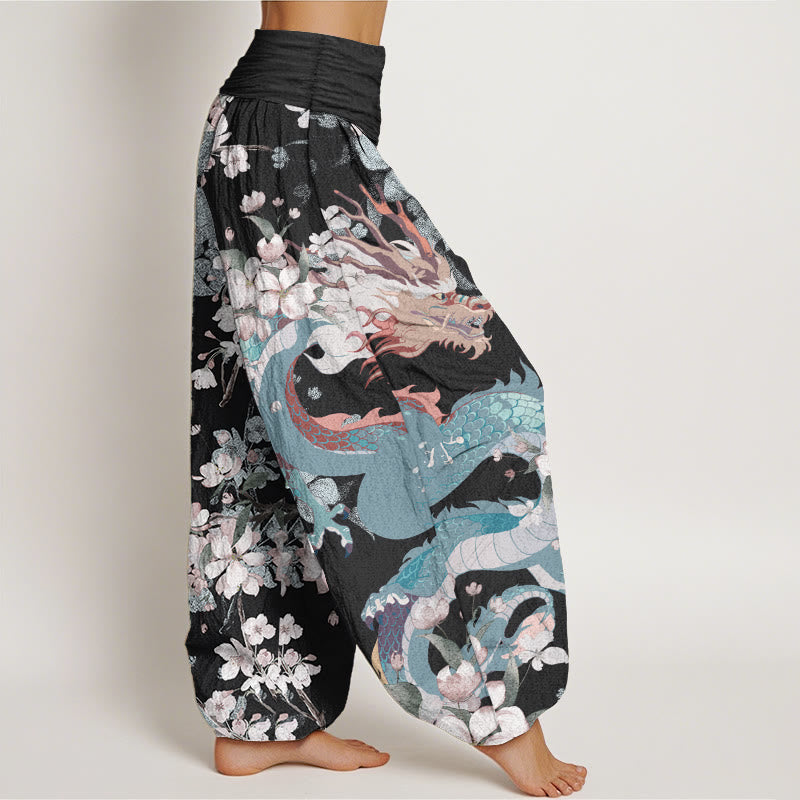 Pure Cotton Casual Dragon Cherry Blossoms Women's Elastic Waist Harem Pants