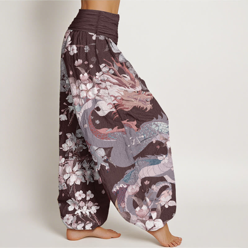 Pure Cotton Casual Dragon Cherry Blossoms Women's Elastic Waist Harem Pants