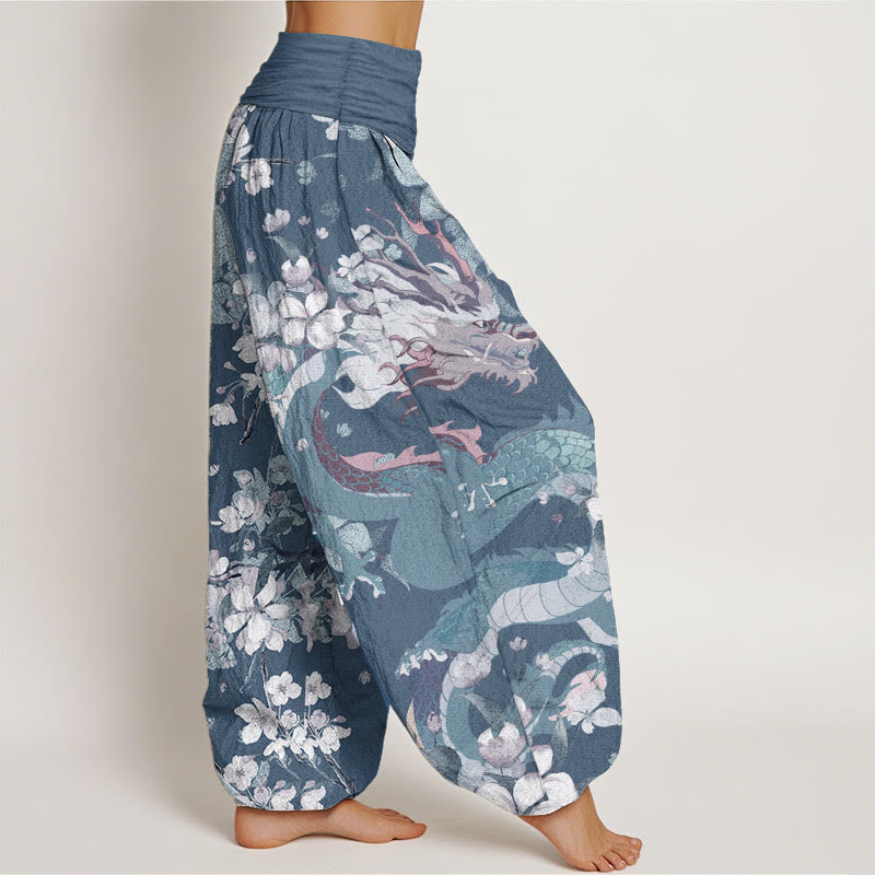 Pure Cotton Casual Dragon Cherry Blossoms Women's Elastic Waist Harem Pants
