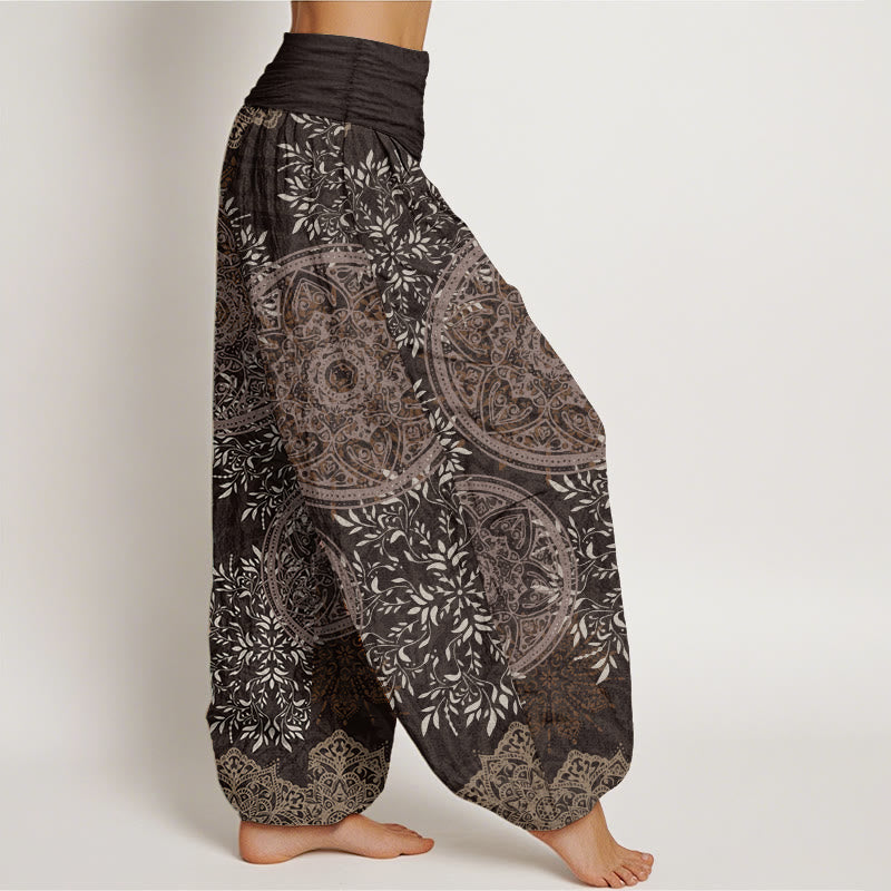 Pure Cotton Mandala Pattern Leaves Women's Elastic Waist Harem Pants