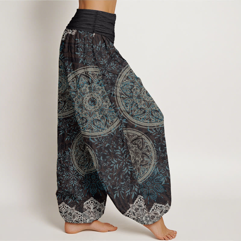 Pure Cotton Mandala Pattern Leaves Women's Elastic Waist Harem Pants