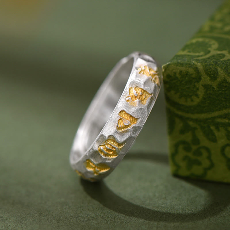 Om Mani Padme Hum Hammer Pattern Sterling Silver Ring