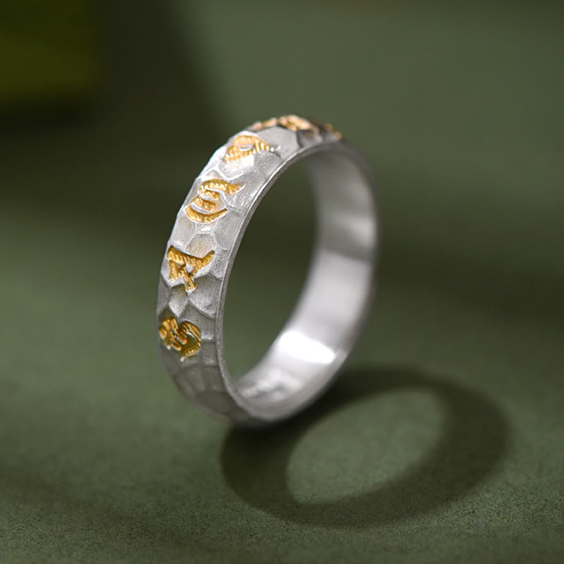 Om Mani Padme Hum Hammer Pattern Sterling Silver Ring