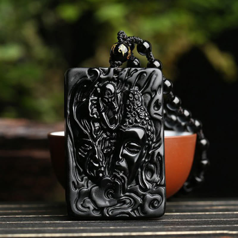 Natural Black Obsidian Buddha Devil Pattern Strength Necklace Pendant