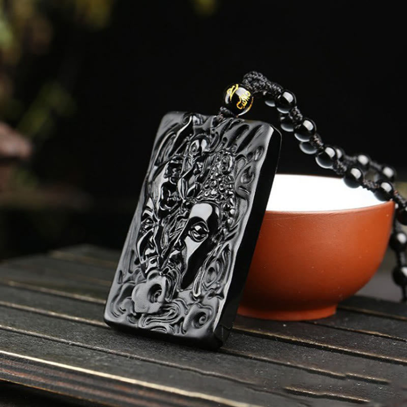 Natural Black Obsidian Buddha Devil Pattern Strength Necklace Pendant