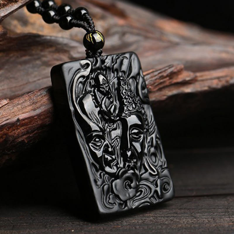 Natural Black Obsidian Buddha Devil Pattern Strength Necklace Pendant