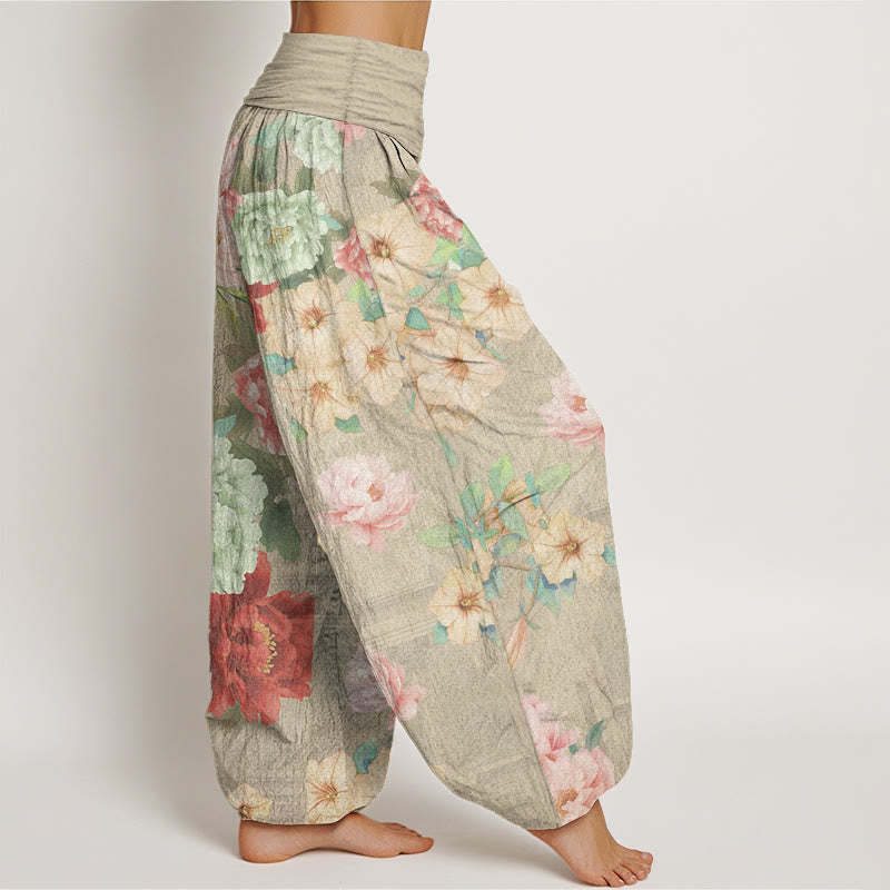 Pure Cotton Casual Peony Flower Women's Elastic Waist Harem Pants