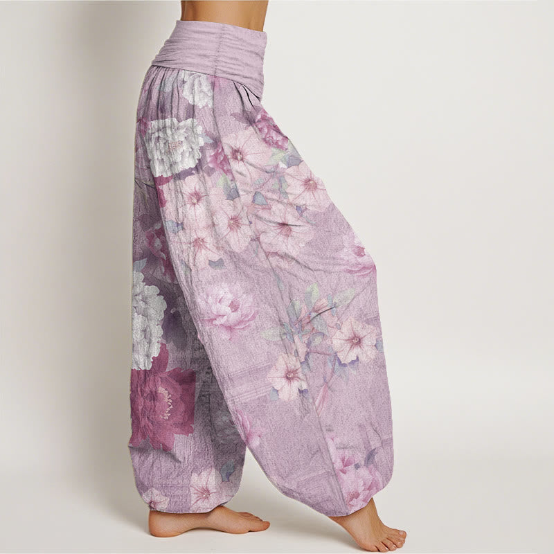 Pure Cotton Casual Peony Flower Women's Elastic Waist Harem Pants