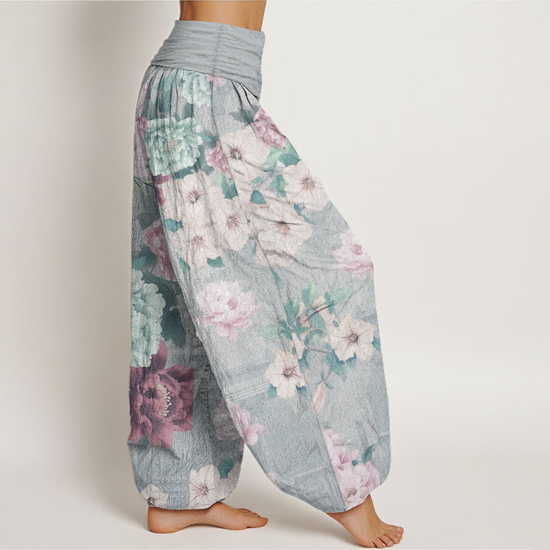 Pure Cotton Casual Peony Flower Women's Elastic Waist Harem Pants