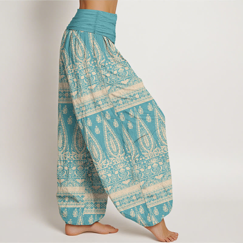Pure Cotton Casual Feather Stripes Design Women's Elastic Waist Harem Pants