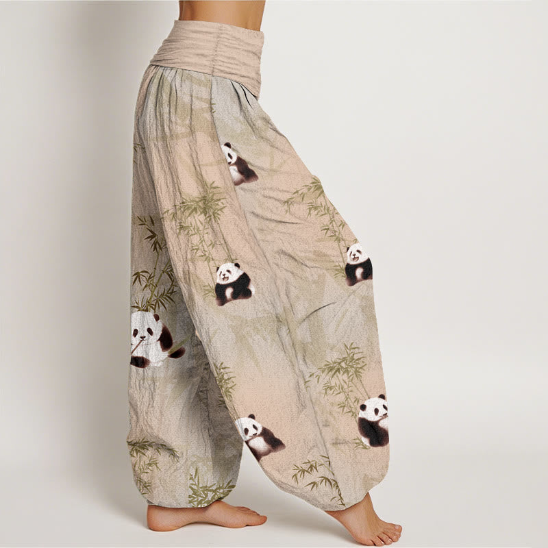 Pure Cotton Panda Bamboo Pattern Women's Elastic Waist Harem Pants