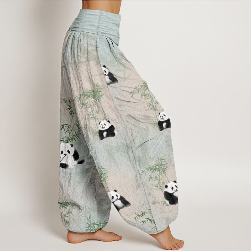 Pure Cotton Panda Bamboo Pattern Women's Elastic Waist Harem Pants