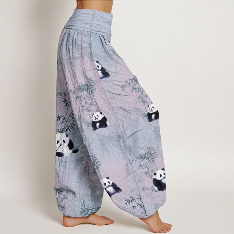 Pure Cotton Panda Bamboo Pattern Women's Elastic Waist Harem Pants