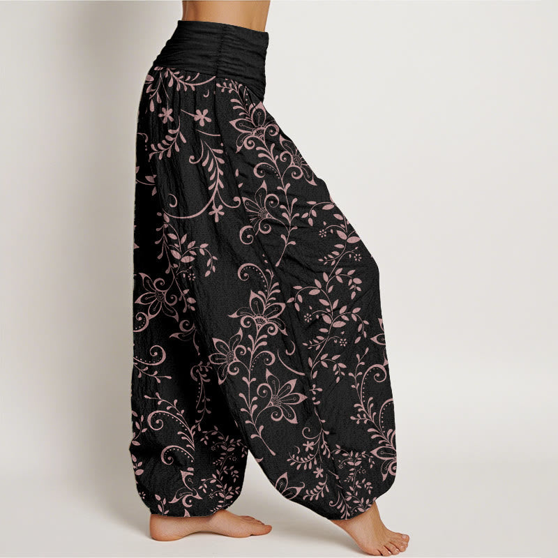 Pure Cotton Casual Flowers Vine Design Women's Elastic Waist Harem Pants