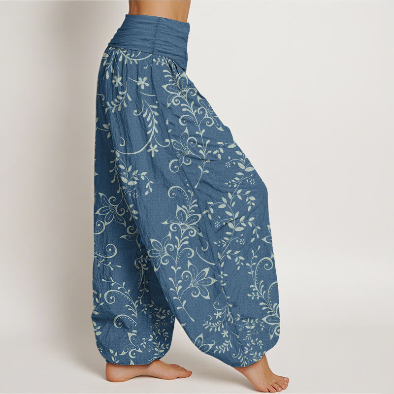 Pure Cotton Casual Flowers Vine Design Women's Elastic Waist Harem Pants