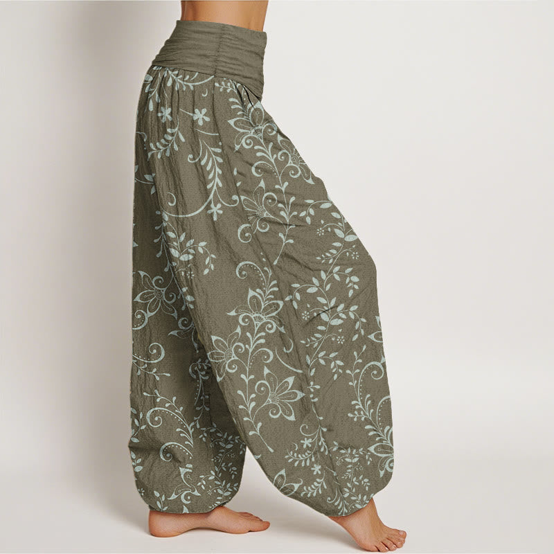 Pure Cotton Casual Flowers Vine Design Women's Elastic Waist Harem Pants
