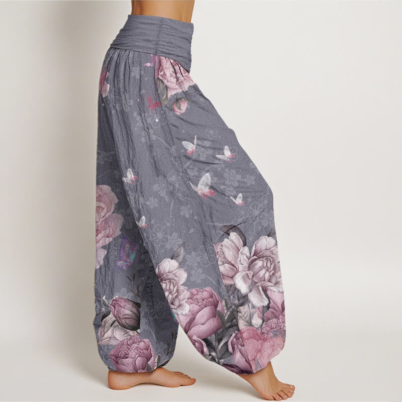 Pure Cotton Casual Bright Peony Flower Butterfly Women's Elastic Waist Harem Pants