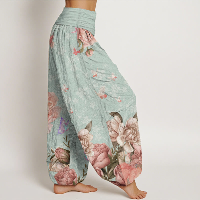 Pure Cotton Casual Bright Peony Flower Butterfly Women's Elastic Waist Harem Pants