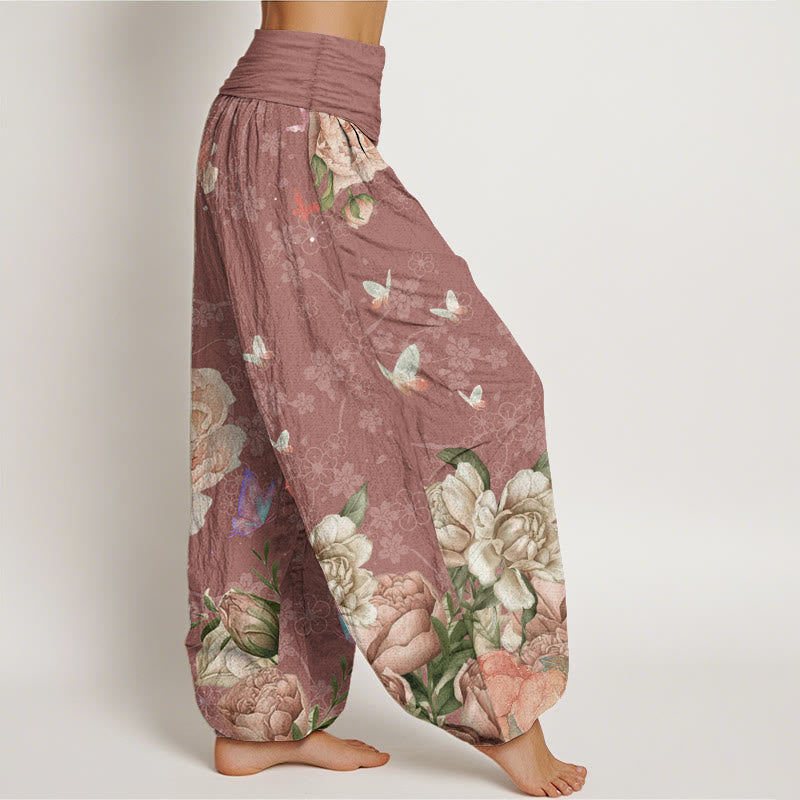 Pure Cotton Casual Bright Peony Flower Butterfly Women's Elastic Waist Harem Pants
