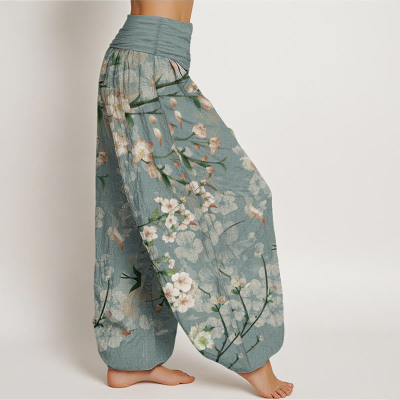 Pure Cotton Peach Blossoms Flying Geese Pattern Women's Elastic Waist Harem Pants