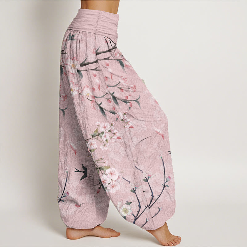 Pure Cotton Peach Blossoms Flying Geese Pattern Women's Elastic Waist Harem Pants