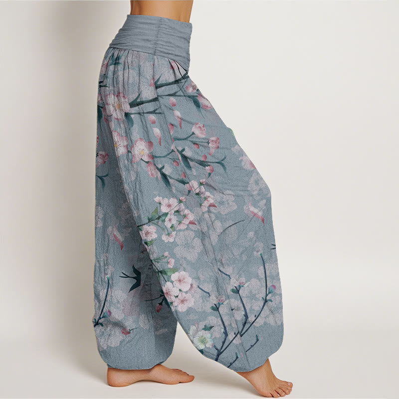 Pure Cotton Peach Blossoms Flying Geese Pattern Women's Elastic Waist Harem Pants
