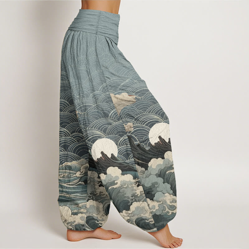 Cotton Wave Print Elastic Waist Meditation Harem Pants