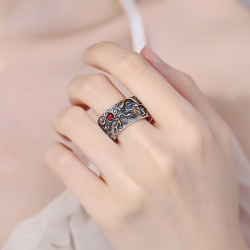 Vintage Dragon Pattern Copper Plated Silver Balance Ring