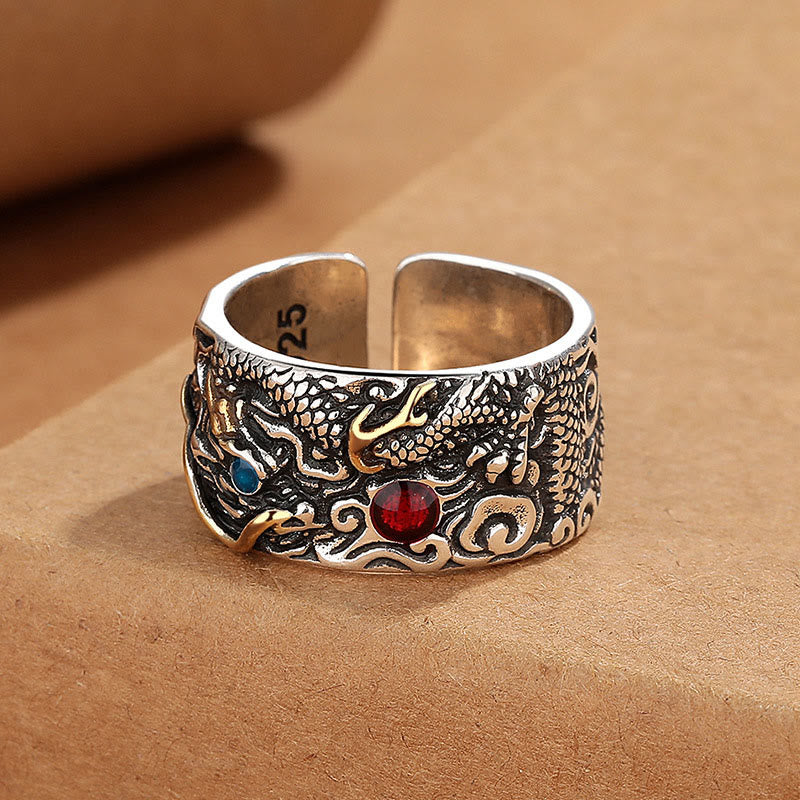 Vintage Dragon Pattern Copper Plated Silver Balance Ring