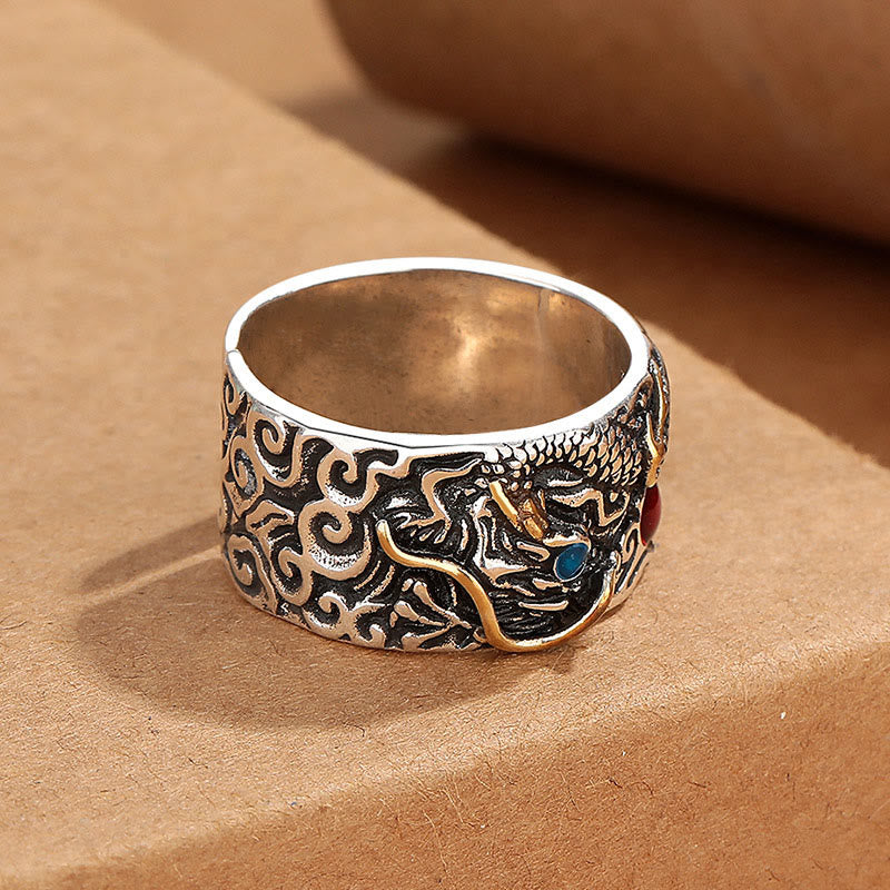 Vintage Dragon Pattern Copper Plated Silver Balance Ring